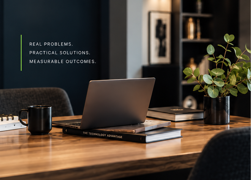 Dark editorial workspace with a laptop, books, black mug, and greenery. Real problems. Practical solutions. Measurable outcomes.